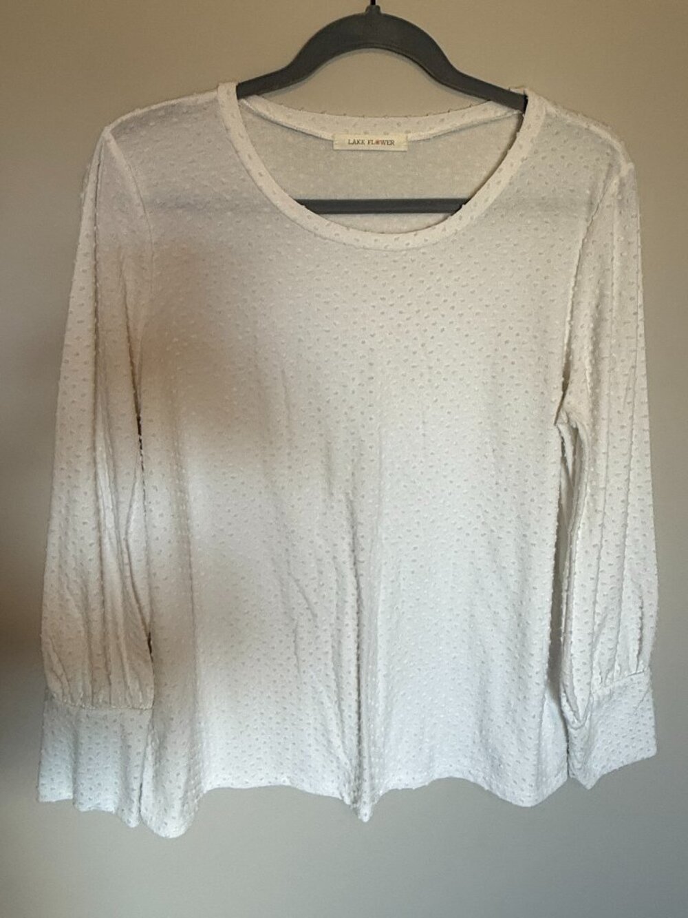 Lake Flower Textured Swiss Dot Long Sleeve Top Size Large White